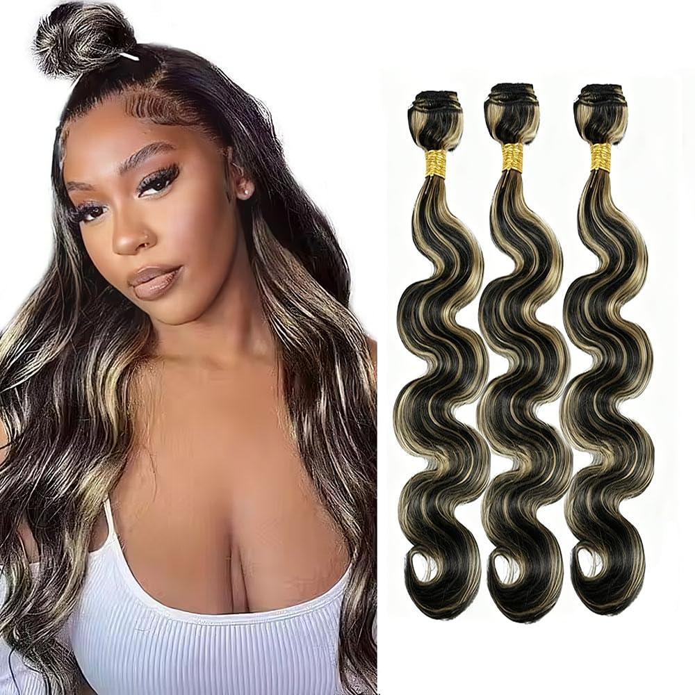 Highlight Honey Blonde Human Hair Bundles 20 22 24 Inch Quick Weave P1B27 Body Wave 3 Bundles Unprocessed Brazilian Virgin Hair Extensions Double Weft For Women Deals