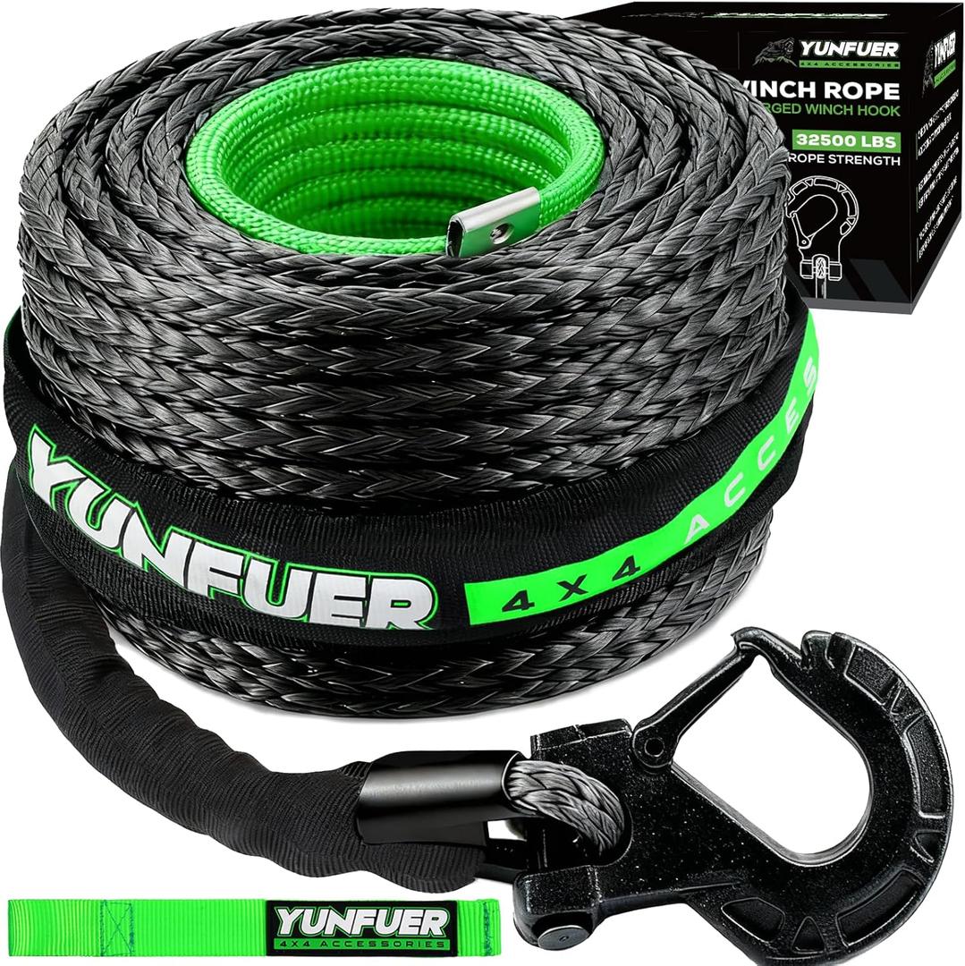 Synthetic Winch Rope with Hook, 1/2" x 85ft 32500LBS Winch Rope with Protective Sleeve, Forged Winch Hook and Safety Pull Strap for Off-Road 4x4 Vehicle, Truck(Black)