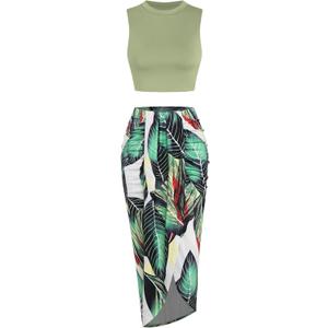 ZAFUL Women's Casual Sleeveless Summer Two Piece Outfits Crop Top and Side Split Draped Ruched Maxi Skirt Set Solid Suiting (Medium, B-floral Green)