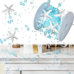 Christmas Ocean Coastal Garland 32.8 Ft Starfish Seashell Garland For Christmas Tree Beach Starfish Seashell Decor Nautical Xmas Tree Ornament For Holiday Party Fireplace Home Bathroom Decor (Blue)