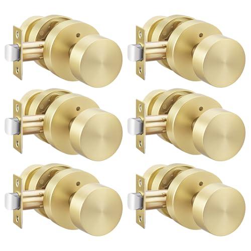 Haidms Brushed Gold Door Knobs Interior, Heavy Duty Zinc-Alloy Privacy Door Knob, Gold Interior Door Knobs for Bedroom & Bathroom, Round Ball Design with Emergency Unlock(6 Pack)