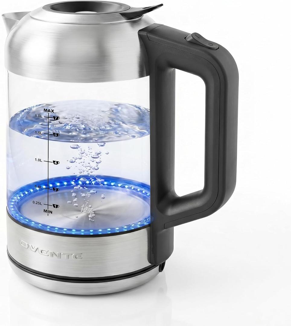 OVENTE Electric Kettle, 1.8L Glass Tea Kettle & Stainless Steel BPA-Free Cordless Electric Kettle, 1500W Fast Boil Electric Pot with Easy-Fill Lid, Auto Shut-Off & Boil Dry Protection, Silver KG751S