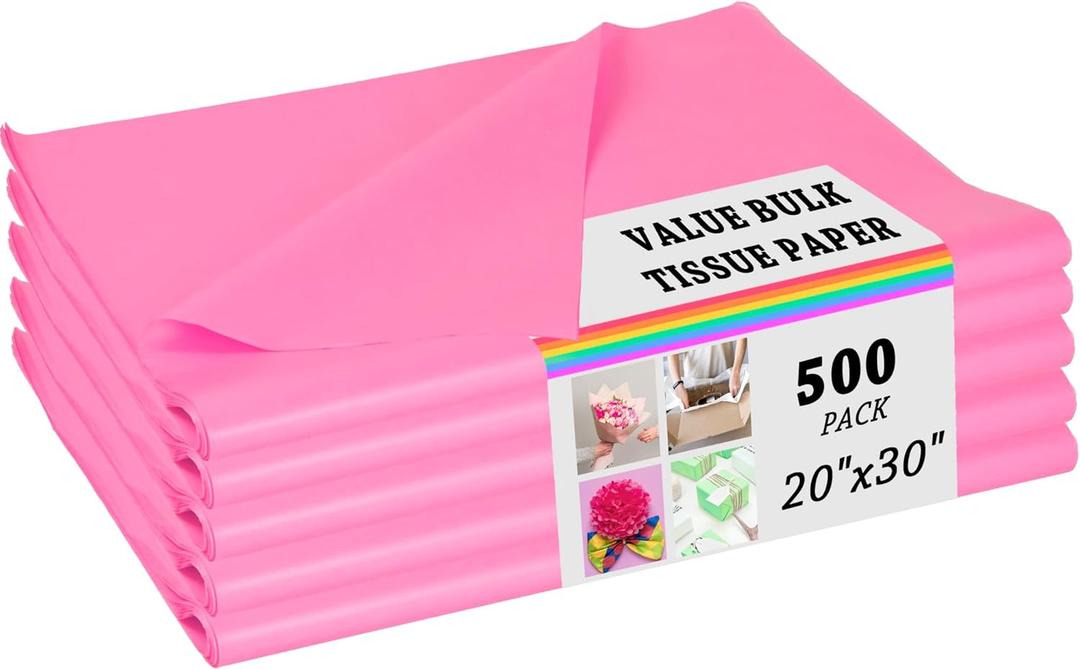500 Sheets of Pink Tissue for Gift Bags - Bulk Wrapping Tissue, 20 X 30 Inches. Ideal Pink Packaging for Gift Wrap, Filler, Crafts, DIY Projects, Weddings, Birthdays, Baby Showers, Valentine's Day