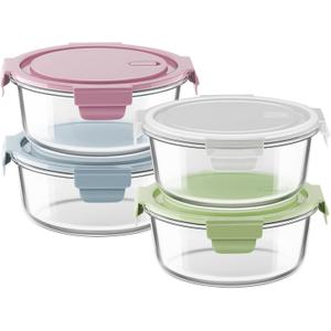 30oz Glass Meal Prep Containers with Lids, Airtight 3.75 Cup Food Storage Containers Set, Heat-Resistant BPA-Free Glass Containers for Soup Leftover, Microwave, Dishwasher, and Freezer Safe (4 Packs) (Multicolor+Clear)