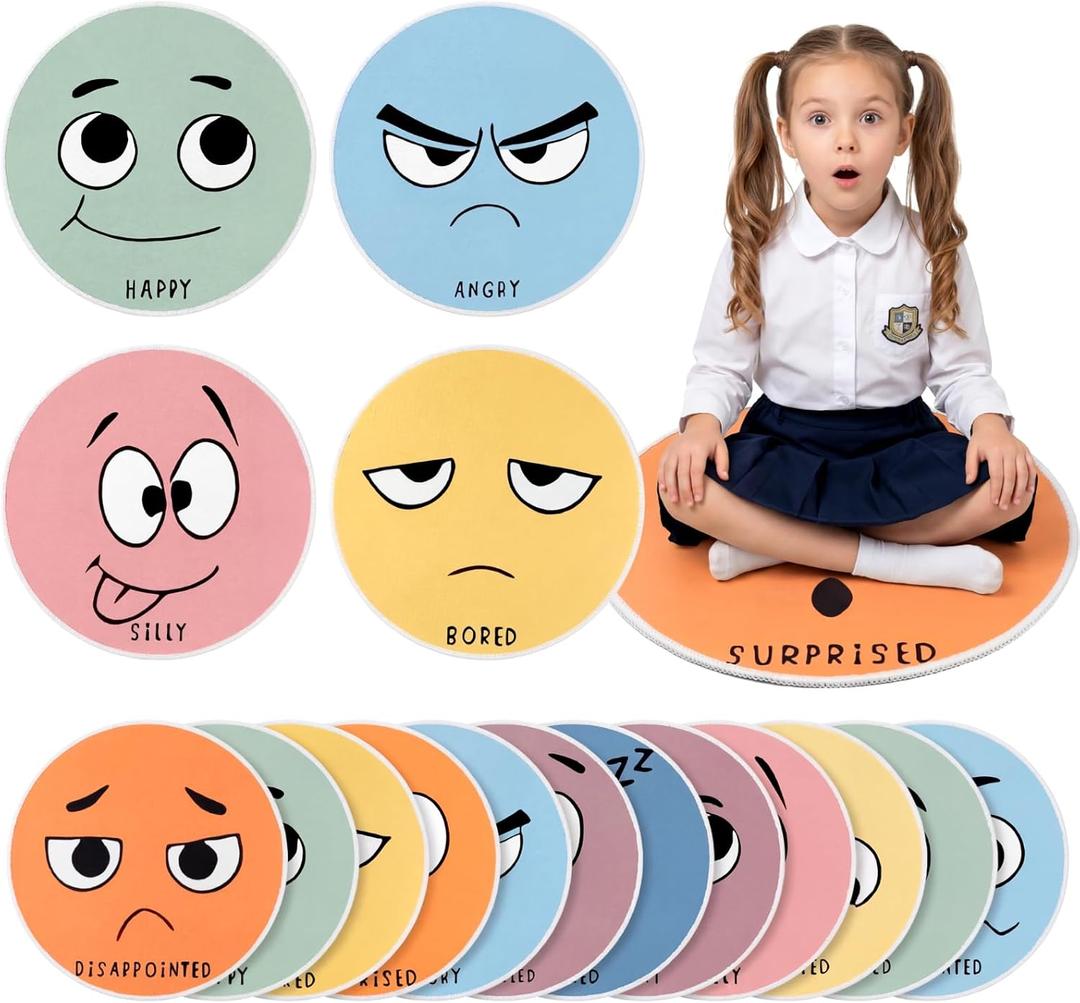 12 Pcs Emotion Recognition Carpet Circle Seats for Classroom Decor, 16 x 16 inches
