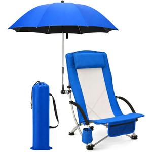 Colingmill 2 Pcs Low Beach Chair with Umbrella Camping Chair Backpack Folding Recliner Mesh Back with Headrest Cup Holder Carry Bag for Summer Tent Picnics Outdoor Travel Barbecues (Ocean Blue)