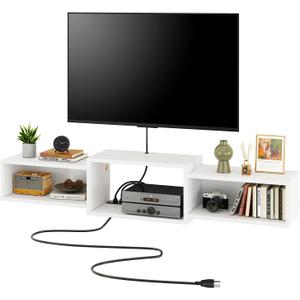 IBUYKE Floating TV Stand Wall Mounted with Power Outlet,Modern Wood Wall Mounted Media Console Shelf,Floating Entertainment Center for Under TV Storage for Living Room Bedroom Office,White WST001W