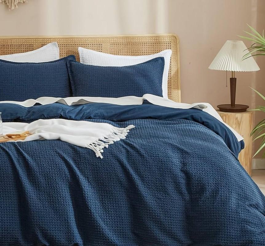 Waffle Weave Duvet Cover Set King Size, No Snagging Ultra Soft Luxury Textured Breathable Comforter Cover for All Season 3pcs, Durable Bedding Duvet Set with 2 Pillow Shams, Egyptian Cotton, 104"x90", Navy Blue