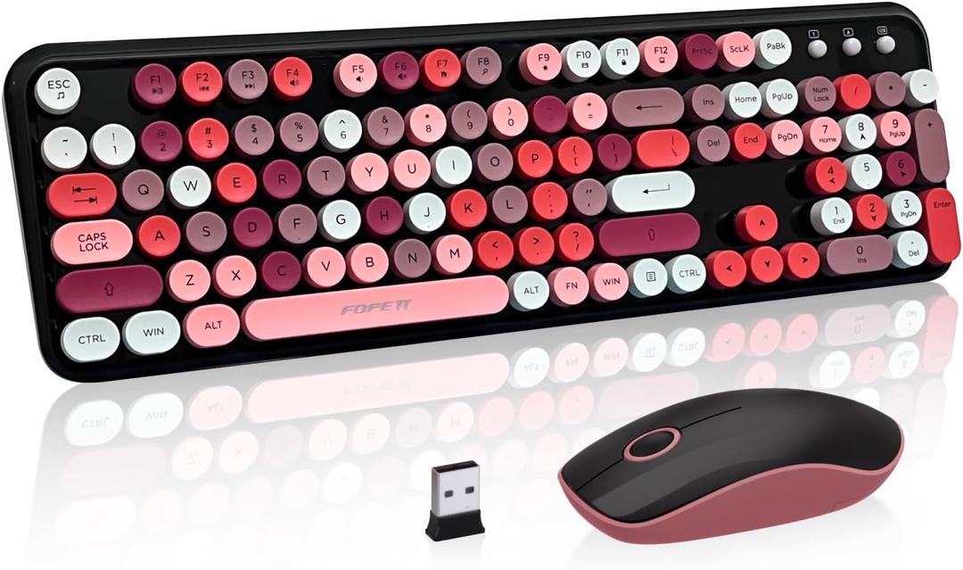 Keyboard and Mouse Wireless,Cute Retro Wireless Keyboard Mouse Combo with Round Key,2.4Ghz Dropout-Free Connection,Typewriter Wireless Keyboard Mouse Set for PC Laptop Desktop Computer-Black Colorful