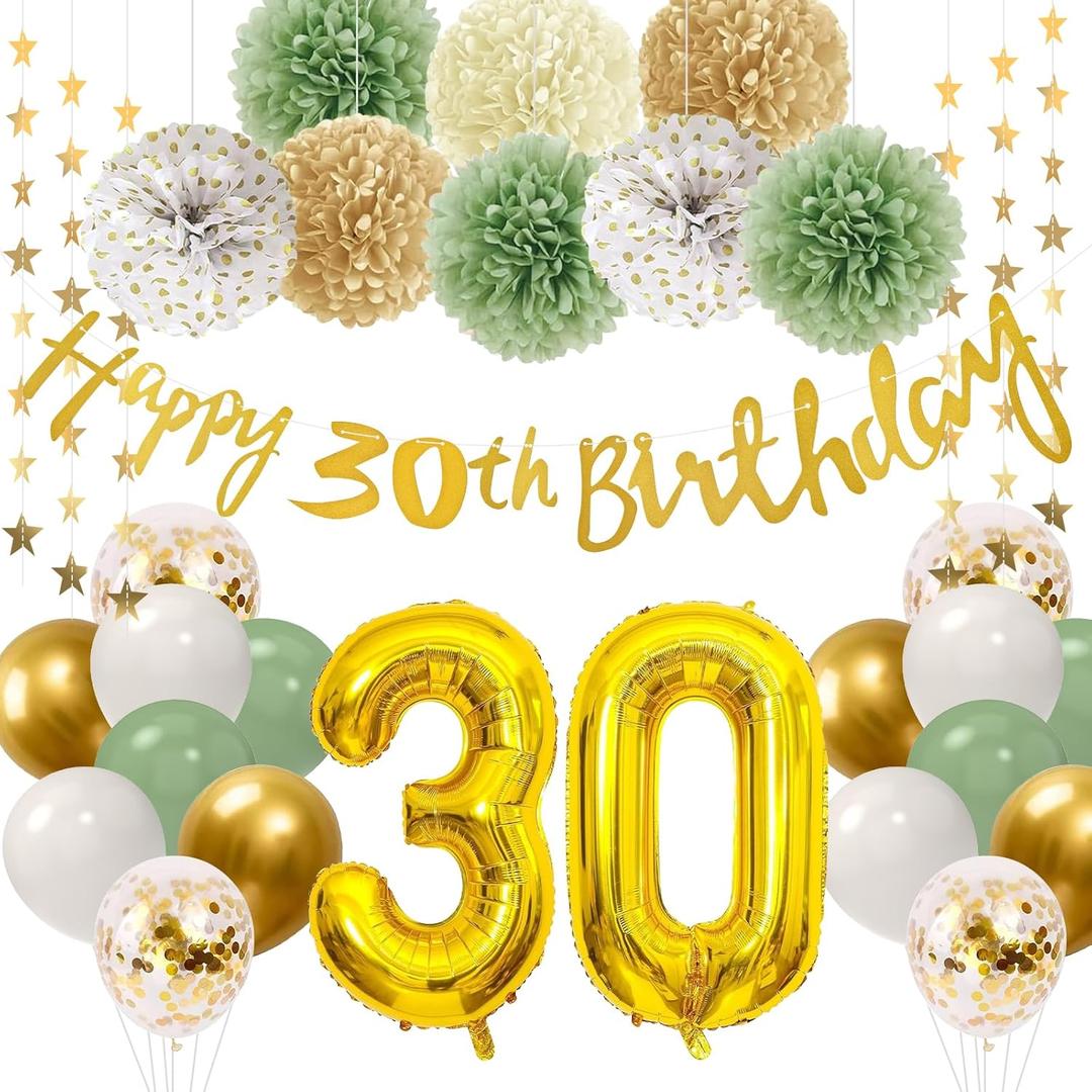 30th Birthday Decorations for Her Him,Happy 30th Birthday Banner with Number 30 Foil Balloon White Gold Sage Green Birthday Balloons Paper Pom Poms for Women Men 30 Year Old Birthday Party Decor