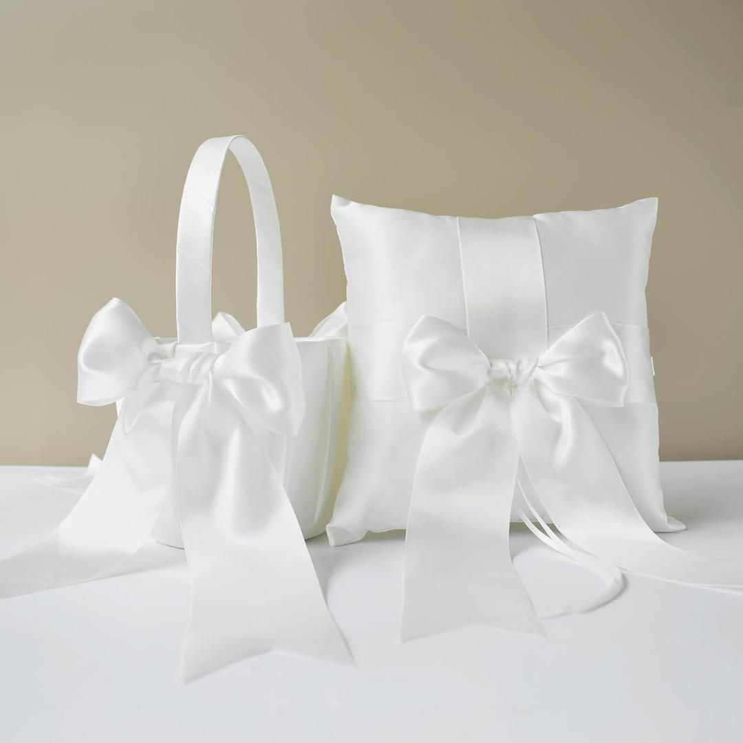 ATAILOVE Flower Girl Basket and Ring Bearer Pillow Set Cute Cherish Wedding Flower Baskets and Pillow(Ivory)