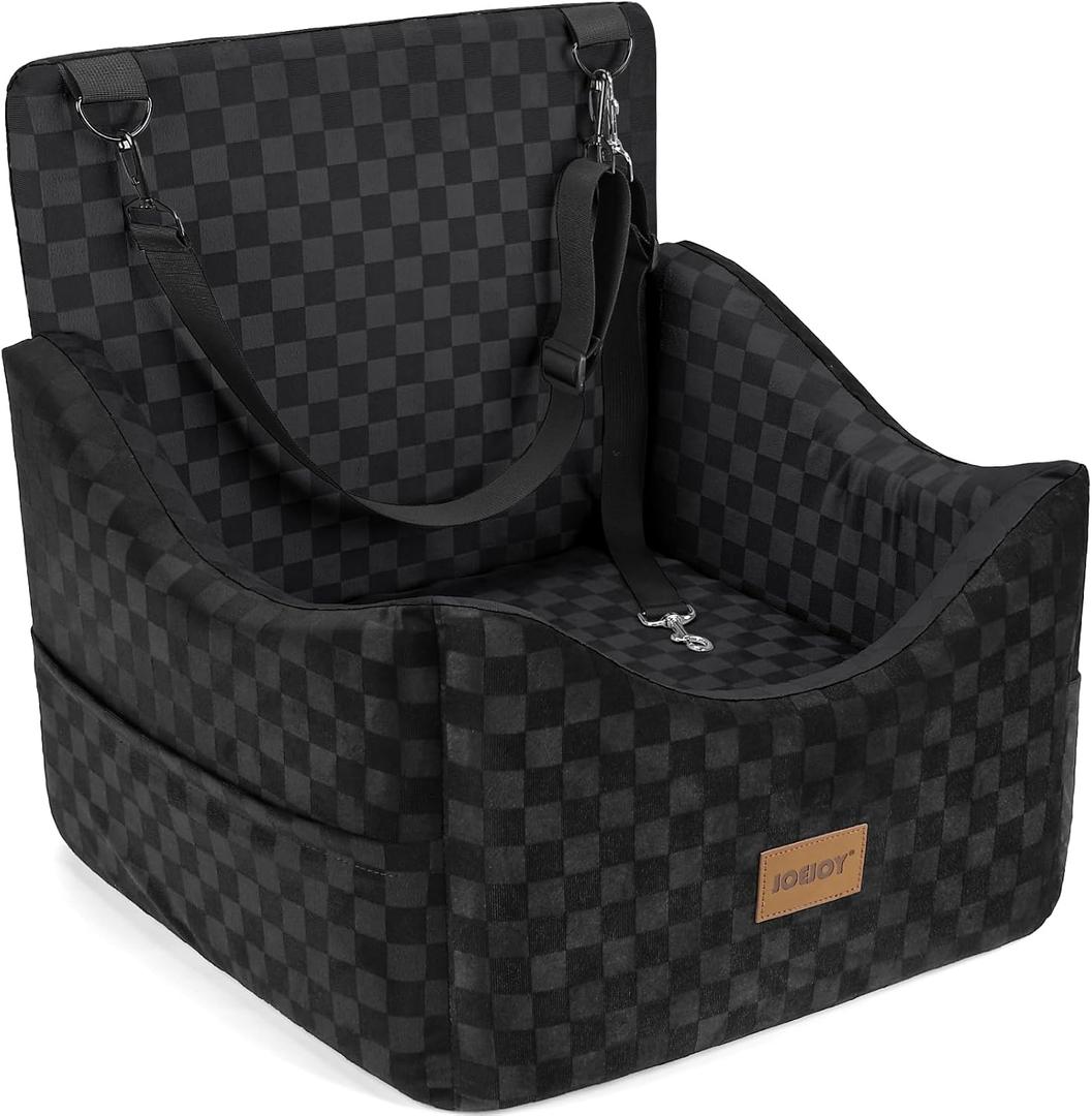 JOEJOY Elevated Dog Car Seat for Small/Medium Dogs up to 35 lbs, Memory Foam Booster Seat with Detachable Washable Cover, Travel-Safe Car Bed with Safety Belts & Storage Pockets, Black