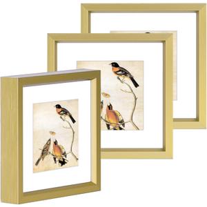 3x3 Picture Frame Set of 3, Brass Metal Square Photo Frames with HD Glass, Fits 2x2 with Mat or 3 x 3 without Mat, Display for Wall and Table