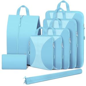 8 Set Compression Packing Cubes for Travel, Compression Bags for Travel Expandable Travel Packing Organizers for Carry on Suitcase Travel Bags Organizer for Luggage (Light Blue)