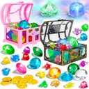 Diving Gems Pool Toys, 35Pcs Colorful Diamond Set with Pirate Treasure Chest, 2Light-Up Flashing Gems, Swim Dive Toys for Kids, Underwater Gemstone Swimming Training Pool Diving Toys for Kids Toddlers