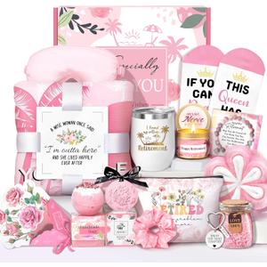 Retirement Gifts for Women 2025 - 16 pcs Relaxing Spa Gift Basket Set, Best Happy Retirement Gifts for Teacher Nurses Boss Friends Mom Mother Grandma Coworker, Funny Retired Gift for Woman (Pink)