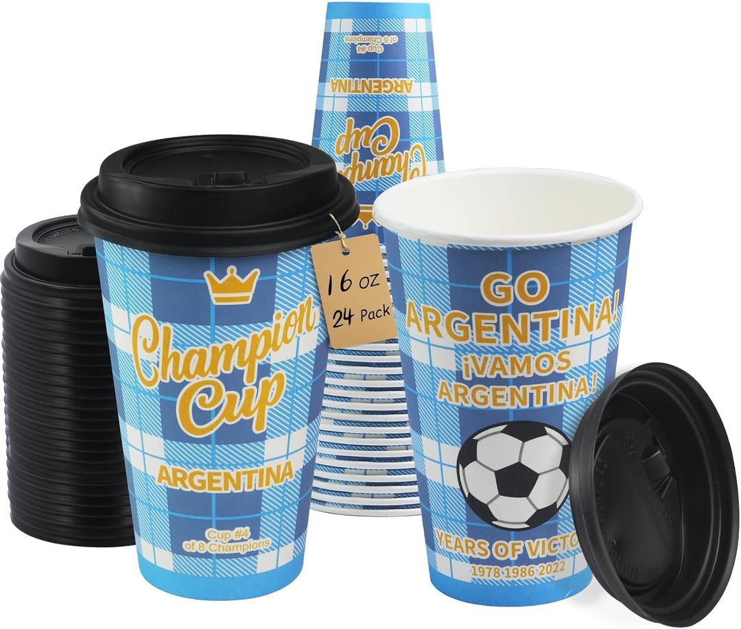 2 x 16 oz Champion Cup A Salute To Argentina, 3-Time World Soccer Champion, 24 Sets Disposable Paper Party Cups with Lids for Fan Event Decorations Game-Day Festival, ¡VAMOS ARGENTINA 2026