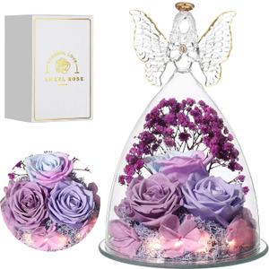 Mothers Day Rose Gifts for Women Preserved Real Flower in Glass Angel Figurines Roses for Delivery Prime Birthday Gifts for Mom Grandma Girlfriend Wife Her, Multi Purple