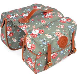 TOURBON Waterproof Canvas Bicycle Bike Rear Seat Carrier Bag Cycling Double Pannier Bag Pack (Green with Flower)