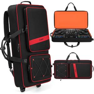 BOSSTIN DJ Controller Case with Wheels Compatible with DDJ FLX10 /1000 /FLX6 /REV7 /REV5, Rolling DJ Case for Equipment, Padded Large DJ Backpack with Multi-Pocket for Laptop Accessories (Black Red), 30.1" x 16.7" x 4.7"