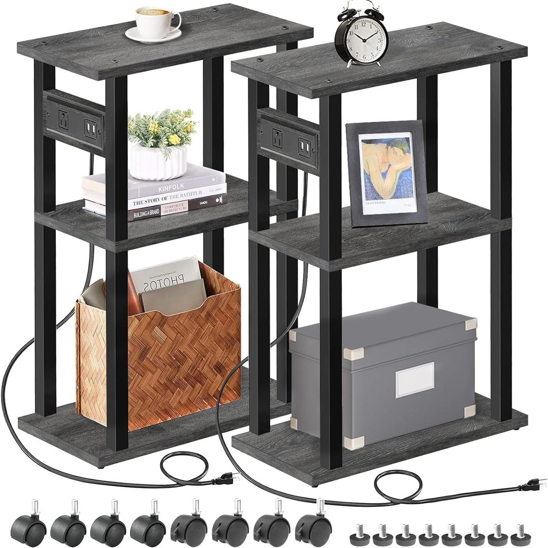 TUTOTAK Small Narrow Side Table with Charging Station, Set of 2, Skinny End Table for Small Spaces, Slim Nightstand with USB Ports and Outlet,Sofa Beside Table with Wheels, Charcoal Grey TB01BY047