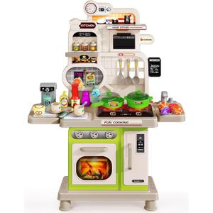 Kids Kitchen Playset, Toddler Play Kitchen Set Toys with Sound & Light, Cooking Stove, Play Sink, Play Food Kitchen Accessories, Pretend Kitchen Toy for Kids Toddlers Girls (Green)