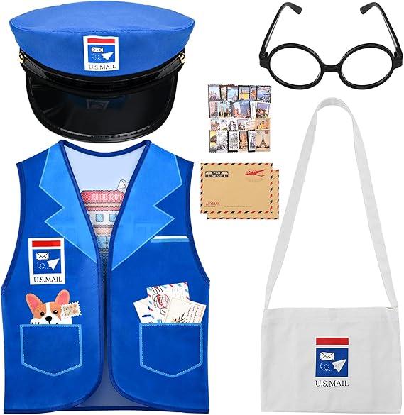 Honic Mailman Costume Set Including Blue Vest Canvas Bag Envelopes Carrier Hat Glasses for Halloween Postman Cosplay Supplies