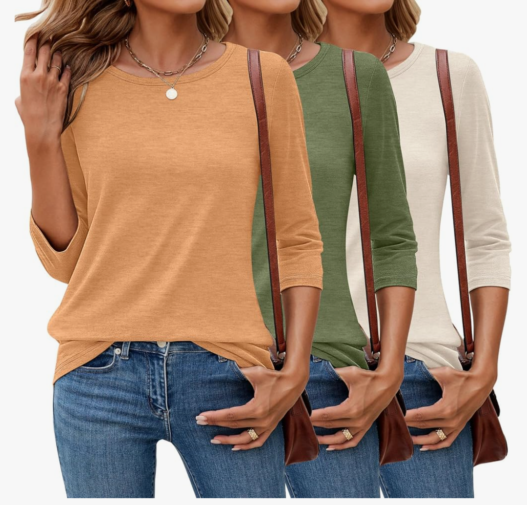 Ficerd 3 Pack 3/4 Sleeve Tops for Women Round Neck Dressy Basics Tees Casual Trendy Loose Fit T Shirts, XL