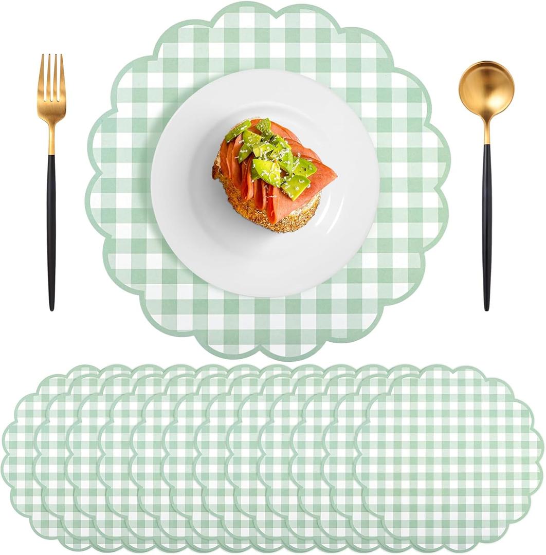 60 Pcs Sage Green Gingham Paper Placemats,13.5 Inch Scalloped Checkered Place Mats Disposable Placemat Decorative Paper for Table Setting BBQ Baby Shower Wedding Bridal Banquet Tea Party