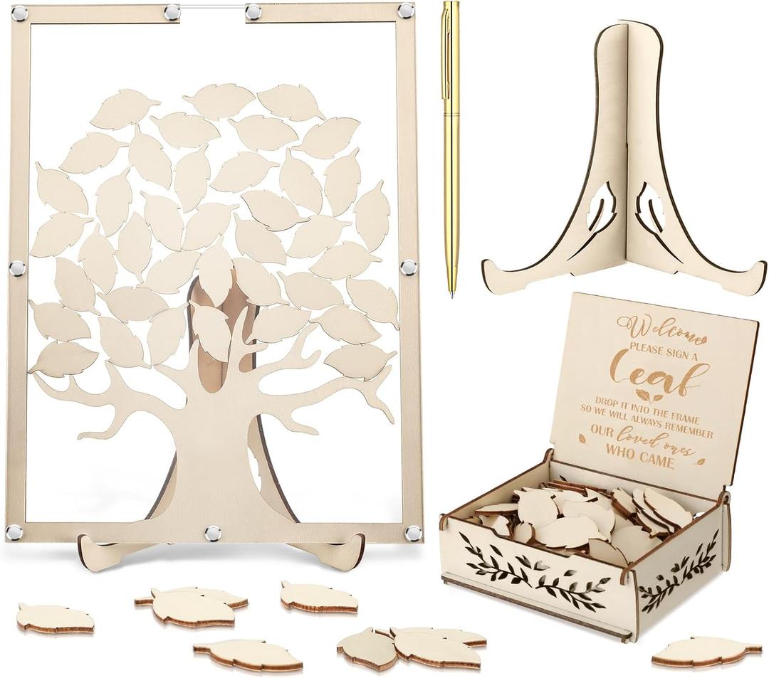Tenceur 64 Pcs Wedding Guest Book Alternative 10'' x 13" Wooden Picture Frame with 60 Wooden Leaves 1 Box 1 Pen Rustic Wedding Decoration for Guest Sign Anniversary Baby Shower Birthday Party