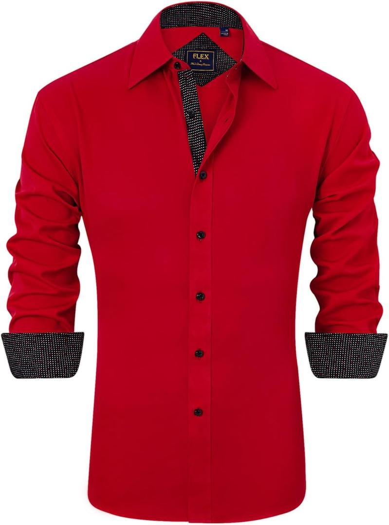 J.VER Men's Casual Long Sleeve Stretch Dress Shirt Wrinkle-Free Regular Fit Button Down Shirts (Medium, Bright Red)