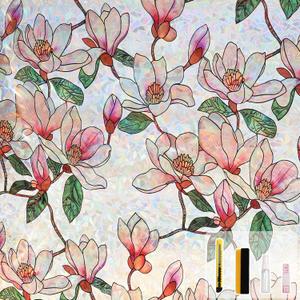 Kromapolis Window Privacy Film, Stained Glass Sticker Floral Window Clings, Decorative Static Clings UV Blocking Colorful Decals, Removable Vinyl Covering Rainbow Magnolia Flowers, 23.6'' x 78.7''