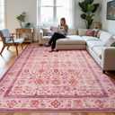 Zentavio Area Rugs 8x10 Washable Non-Slip Kid & Pet Friendly Living Room Carpets Vintage Floral Foldable Thin Low Pile Rug for Bedroom Kitchen Dining Room Pink