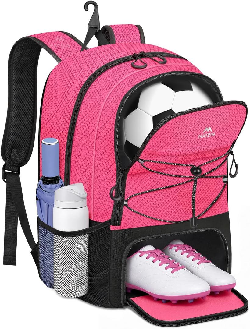 MATEIN Girls Soccer Backpack, Large Basketball Bag with Ball Holder & Shoe Compartment for Tournament & Game Day, Lightweight Youth Sports Bag with Fence Hook Fits 15.6 Inch Laptop, Soccer Team Gifts, Pink