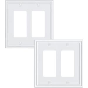 2-Pack Decorative Double Decorator Outlet Cover Plate, Durable Zinc Alloy Pure White Wall Plates for Electrical Outlets, Receptacle, GFCI Outlet, Dimmer Switch, 2-Gang, Corrosion Resistant