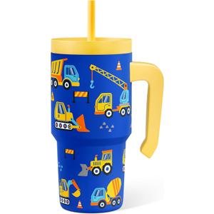 SANDJEST Construction Tumbler 20oz with Handle and Silicone Straw Lid for Kid, Insulated Stainless Steel Cup, Gift for Kids Boys, Gifts Idea for Birthday Christmas Back to School