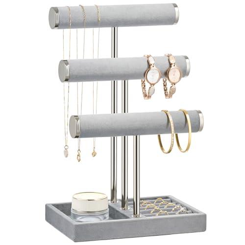 bussdis 3 Tier Bracelet Holder Display - Detachable T Bar Grey Velvet Bracelet Holder, Jewelry Holder Organizer for Bracelet, Necklace, Earrings, Rings