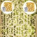 KASZOO 24Pack / Each 82 inch, Artificial Ivy Garland Fake Plants with 160 LED String Light, Green for Wedding Party Garden Outdoor Greenery Wall Decoration