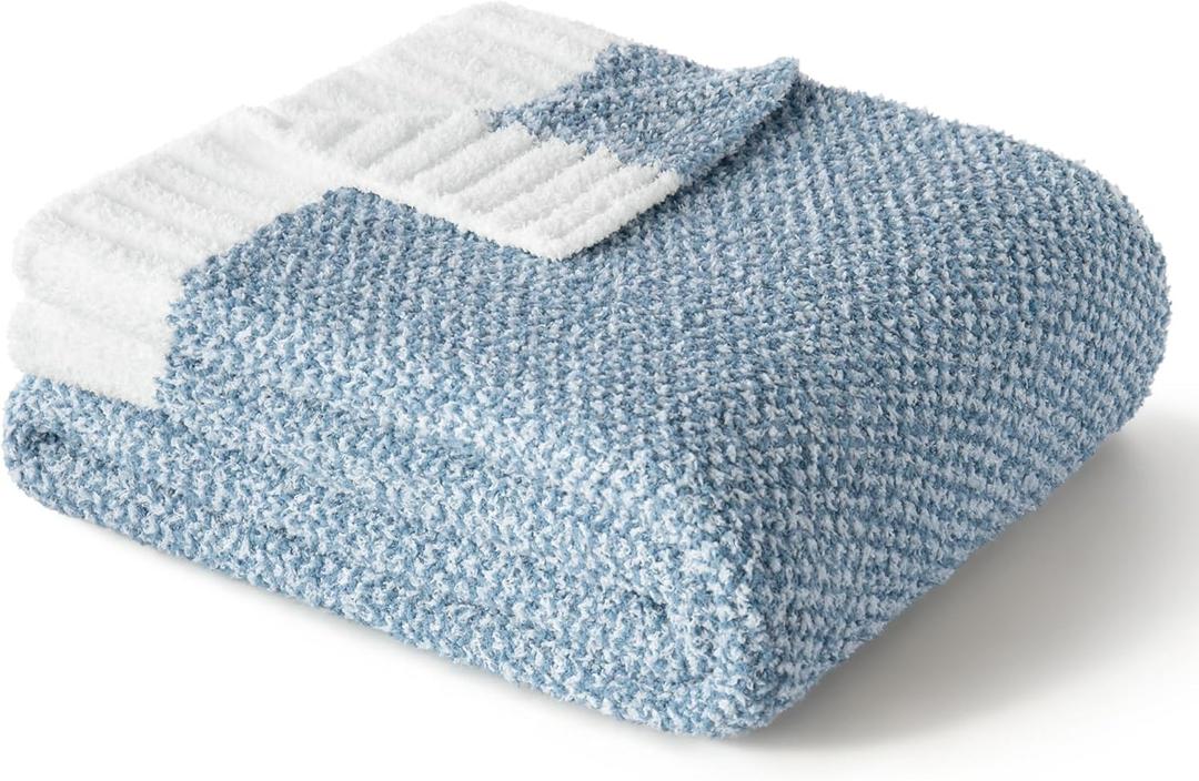 Exclusivo Mezcla Twin Size Knit Blanket for Bed, Ultra Soft and Warm Reversible Woven Blankets, Cozy Snuggly Throw for Couch Bed and Home Decor, Heather Blue, 60"x80"
