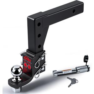 TOPTOW AdjustableTrailer Hitch Ball Mount with 2-inch Hitch Ball, 5/8 inch Hitch Lock, 10 inch Drop Max, Fits 2 inch Hitch Receiver, Matte Black