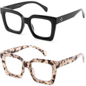 Reading Glasses for Men Women, 2 Pairs Quality Blue Light Readers Spring Hinge, Bright Black & Smoke TortoiseShell2 Mix,1.0