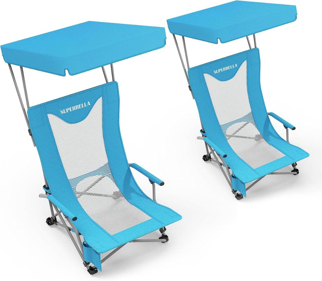 Portable Beach Chair for Adults with Cup Holder Hard Arm Folding Lawn Chairs for Outdoor Activities, Camp, Sports, Beach, Travel & Picnic, Supports up to 400 lbs, Two Packs with Canopy