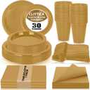 Gold Plastic Plates Set-30 Guest 9" Dinner Plates & 7" Dessert Plates,12 oz Cups,Napkins,Forks,Disposable Plastic Tableware for Wedding,Corporate Events,Anniversary