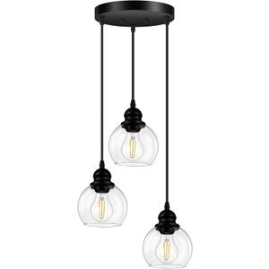 3-Light Pendant Light, Hanging Ceiling Lamp with Clear Glass Shade, Matte Black Pendant Lighting Adjustable Height Industrial Retro Style Hanging Light, for Kitchen Island Bedroom(E26 Base,No Bulb)
