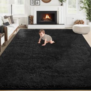 8x10 Area Rugs for Living Room: Fluffy Shag Soft Washable Rug Large Fuzzy Plush Indoor Carpet for Bedroom Nursery Playroom Kids Girls Boys Room (Black, 8'x10')