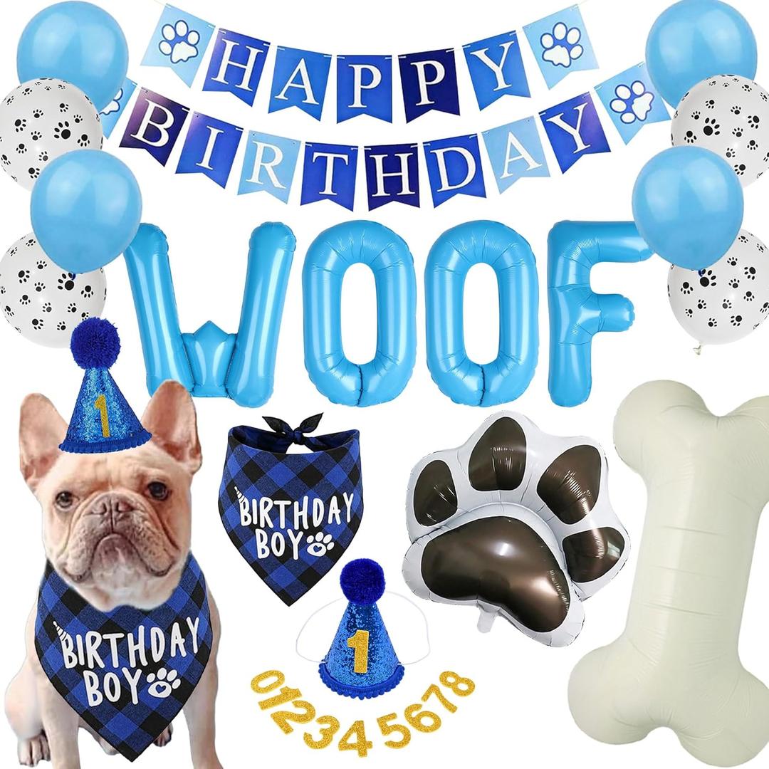 Dog Birthday Party Decorations Boy Dog Puppy Happy Birthday Banner Blue Hat Crown Number Woof Balloons Boy Dogs Pets Birthday Bandana Supplies