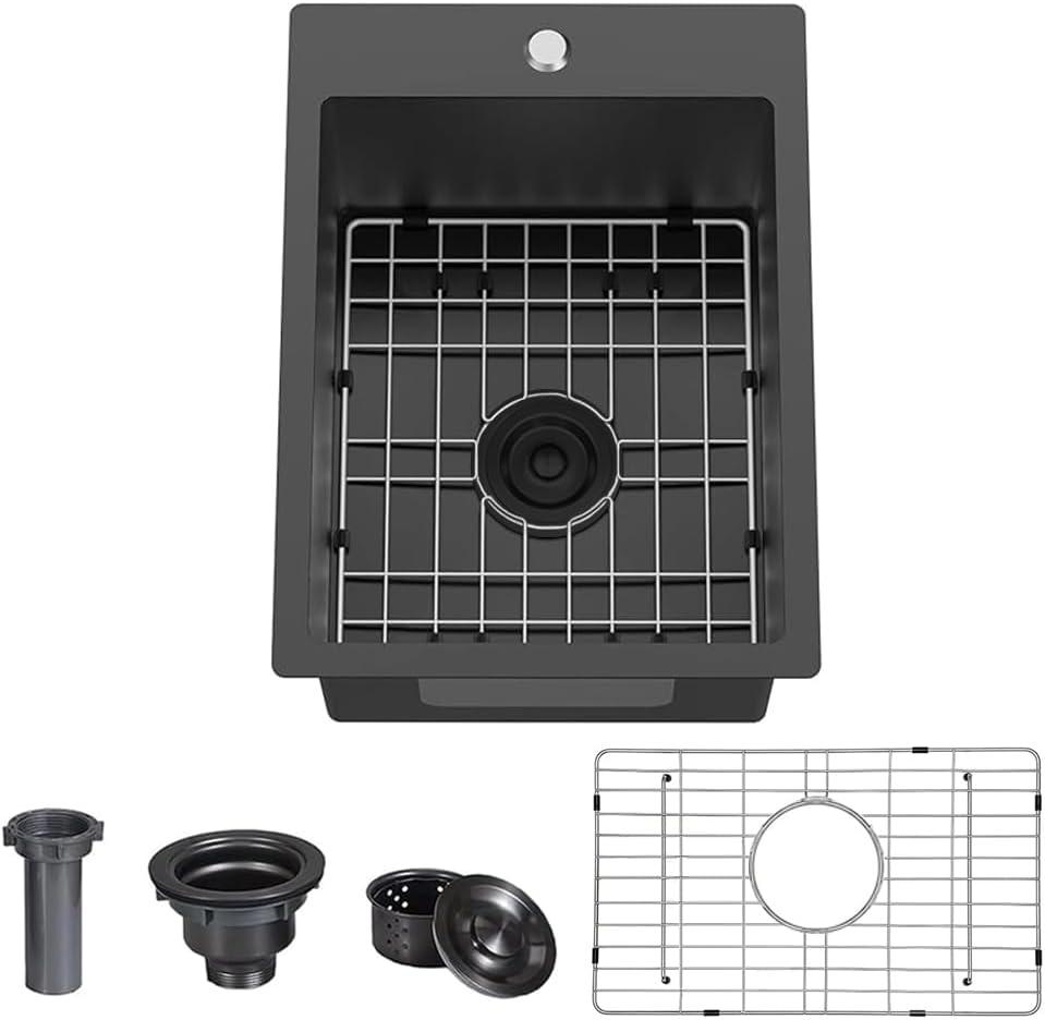 Dark Grey Drop In Single Bowl Kitchen Sink With Protective Bottom Grid Small Outdoor Rv Stainless Steel Sink For Kitchen (15 * 17 * 9in)