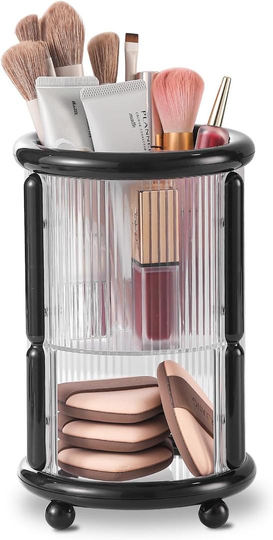 Makeup Brush Holder, 2 Tier Clear Cosmetic Tools Organizer, Round Makeup Organizer for Vanity Countertop (Black)