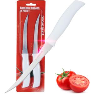 Tomato Knife 3rd Gen 2-Pack, Serrated Stainless Steel Blade, Ergonomic Handle, Precise Cuts for Tomatoes/Fruits/Veggies (White)