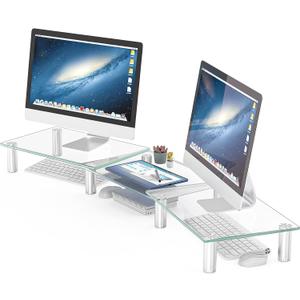 Hemudu Dual Monitor Stand -Adjustable Length and Angle Dual Monitor Riser, Desktop Organizer for PC, Computer, Laptop (Clear)